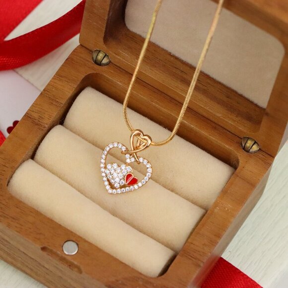 "Heart-Shaped Rose Gold Pendant with Red Accent and CZ Detailing, XPPT1518 - Picture 6 of 13
